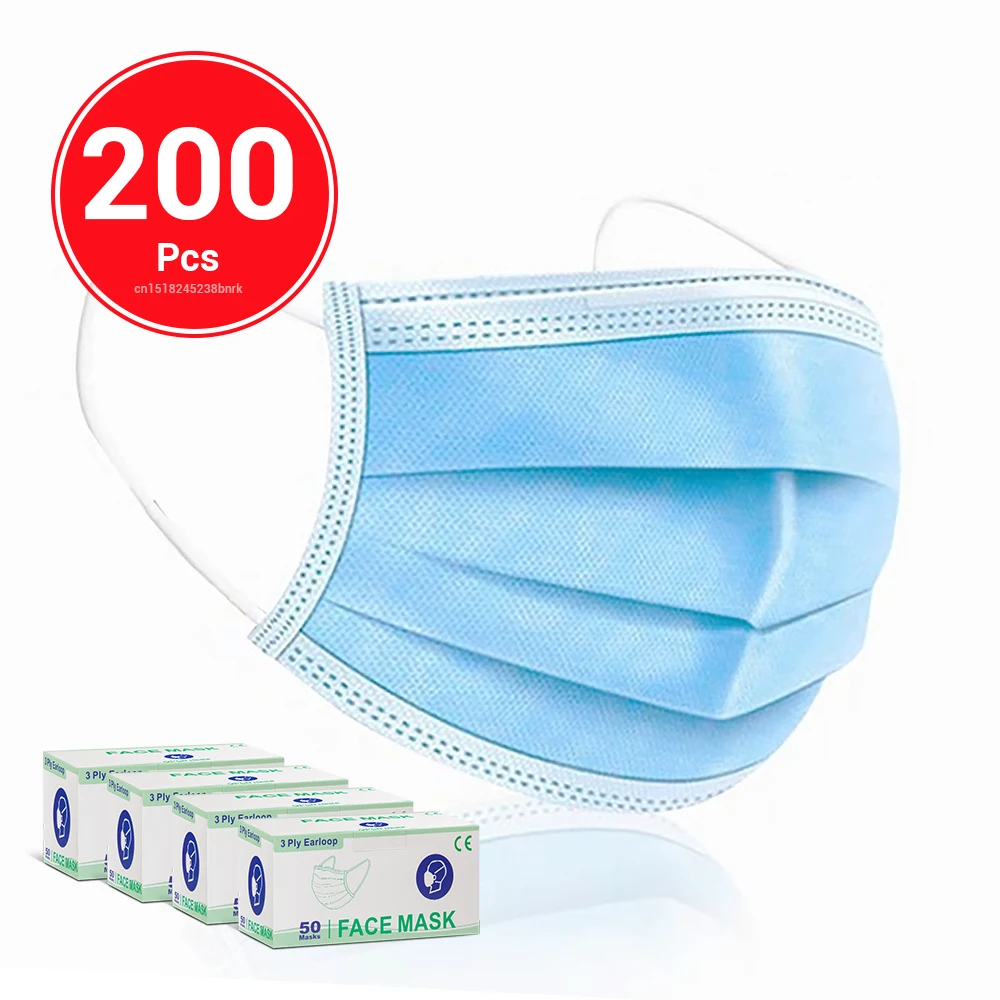 

50/100/150/200 PCS 3-layer Disposable Face Mouth Masks Anti Dust Non Woven Elastic Ear Loop Dust Filter Safety Mask With BOX