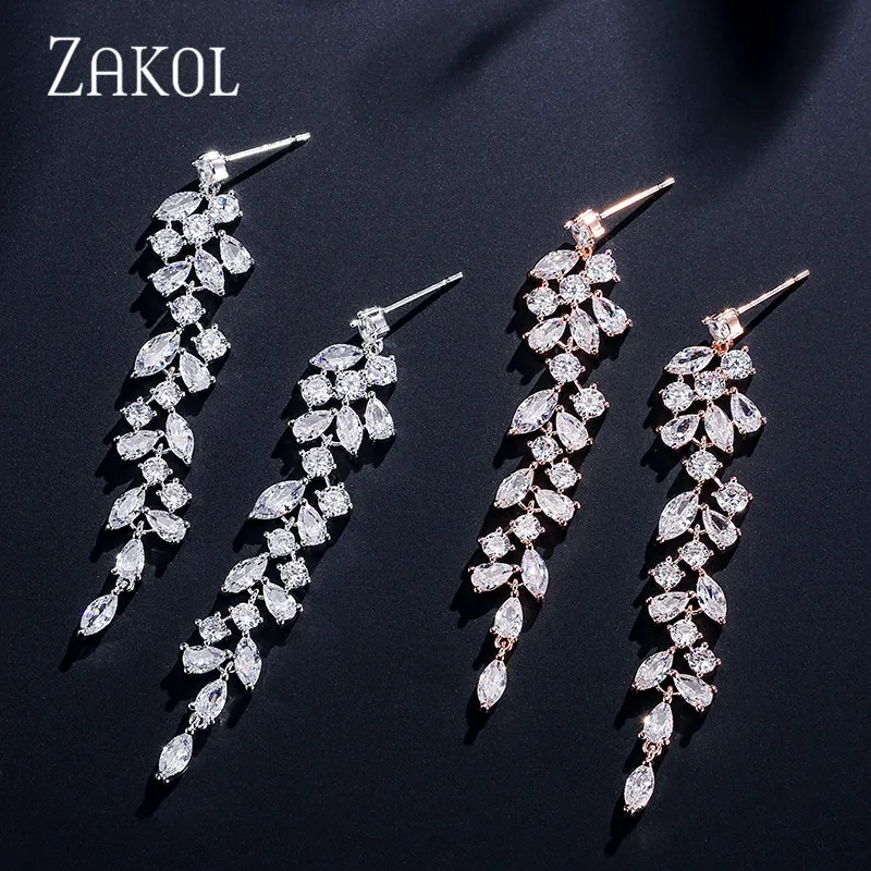 ZAKOL Newest CZ Zirconia Crystal Leaf Long Drop Earrings for Elegant Women Bridal Wedding Jewelry Accessories Gift FSEP2232