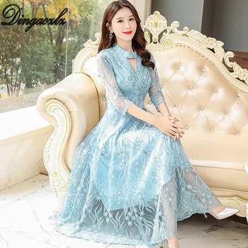 

Dingaozlz M-3XL Spring Summer dress Women New Slim Maxi Party dresses 3/4 Sleeve Lace Dress Vestidos