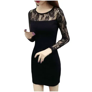 

Sexy dess plus szie for Women Ladies Lace Sleeve Splice O Neck Mini Dress Club Fitting Slim Dress elegant party club dress gift