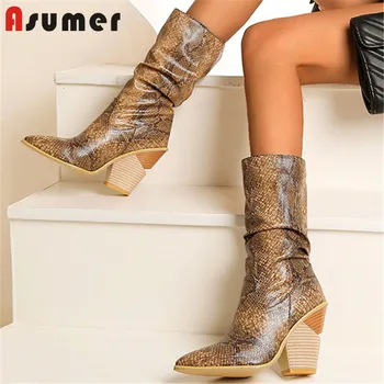 

ASUMER 2020 European Style cowboy western boots women wedges shoes pointed toe snake autumn winter ankle boots woman big size 48