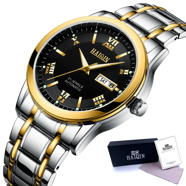 HAIQIN Лидирующий бренд Мужские часы Механические наружные водонепроницаемые часы из нержавеющей стали военные спортивные мужские наручные часы Relogio Masculino - Цвет: Gold black