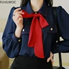 Womens Basic Office Lady Work Wear Sexy Semi Transaprent Cute Bow Tie Top Single Breasted Button Solid White Shirts Blouses 1
