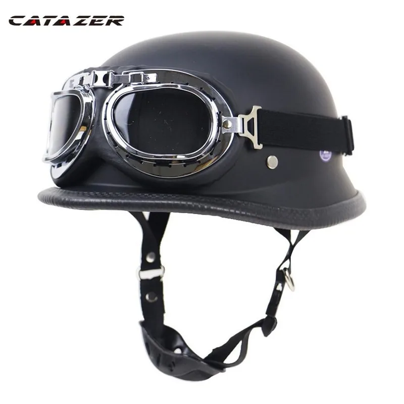 

New Leather Motorcycle Helmet German Motorcycle Open Face Half-covered Helmet Chopper Biker Pilot 5 Sizes Black