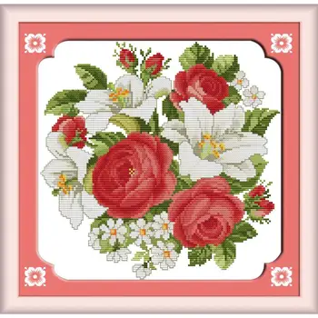 

Joy Sunday Printed Cross Stitch Rose&Lily Needlework Kits11&14CT Printed Counted Water Soluble Cloth Cross Stitch for Home Decor