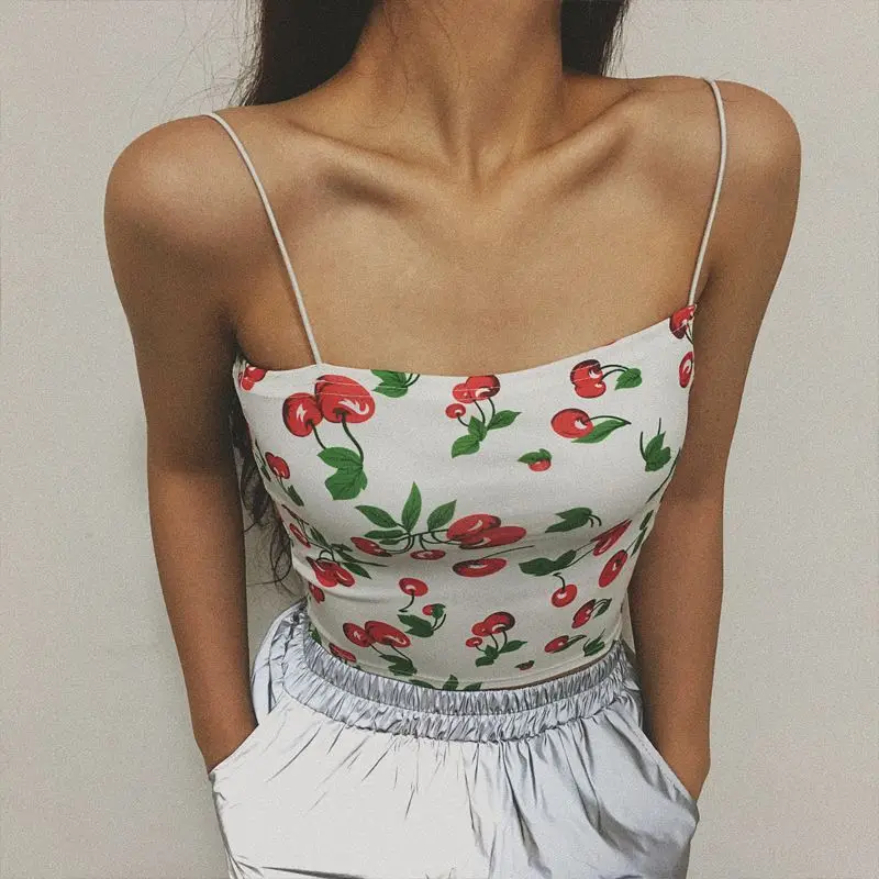

Summer Women Cherry Print Tank Top Bodycon Short Top Sweet Girls Backless Sexy Tank Tops