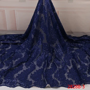 

Fashion Royal Blue Sequin Fabric Lace Fabric With Beaded Bridal Fabric For Wedding Fabric African Lace Dresses 5Yards GD2828B-3