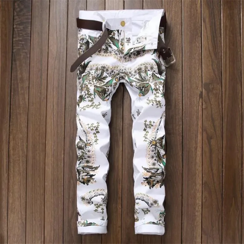 Picture color Новая мода узор PrintJeans тонкий Homme Для мужчин s Стрейчевые джинсы-скини цветок дизайнерские джинсы Для мужчин узкие Moda Hombre - Цвет: Picture color