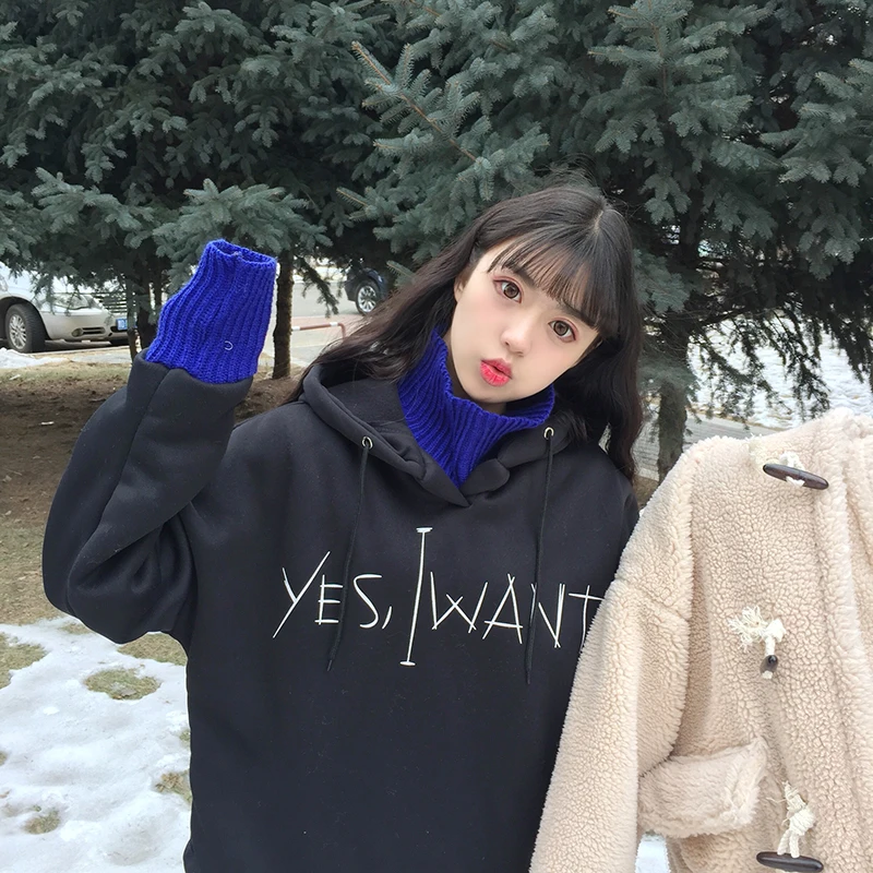 Harajuku Повседневная Толстовка с капюшоном и буквенным принтом, осенне-зимняя теплая флисовая толстовка с капюшоном, пуловеры, Женские топы из двух частей