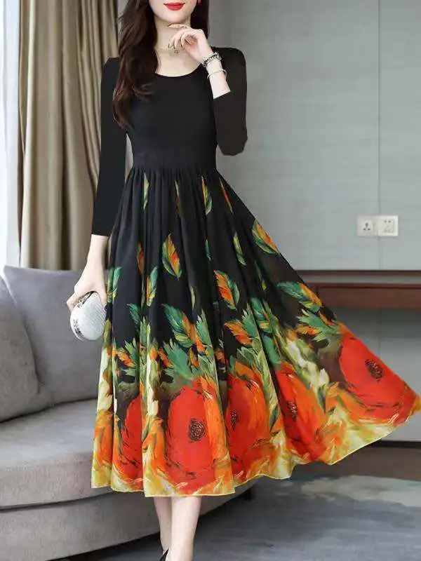 

Autumn & Winter Europe And America Hot Selling Dress Waist Hugging Large Sway A- line Skirt Three-quarter-length Sleeve Casual L