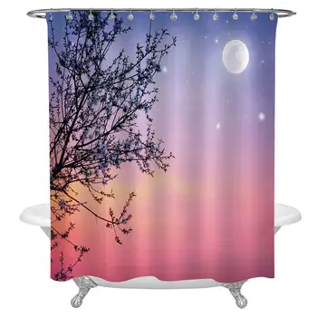 

Night Shower Curtain Set,Dreamlike Ethereal Sky with Moon Stars and Blooming Spring Tree Branches Decorative Waterproof Fabric