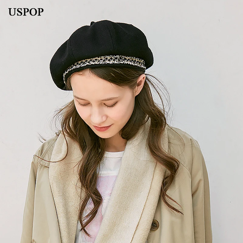USPOP женские шапки осень зима шерстяные береты Лоскутные твидовые ленты берет винтажная шапка художника