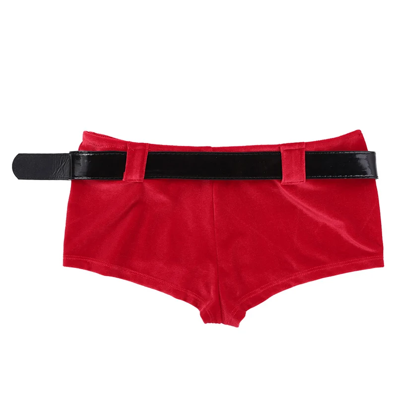 TiaoBug Adult Soft Velvet Low Rise Christmas Costume Holiday Fancy Hot Sexy Red Mini Shorts with Belt Club Rave Women Panties