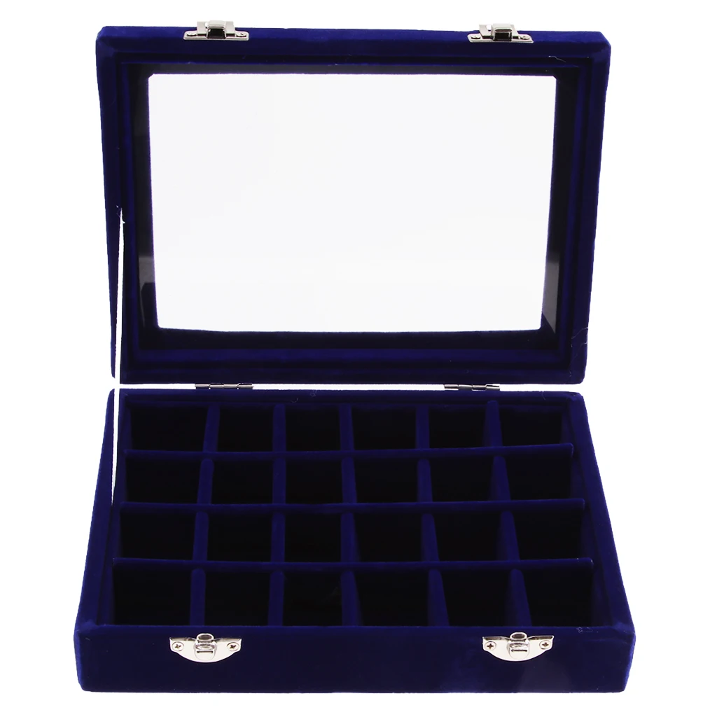 Clear Glass Lid Jewelry Tray 24 Grid Earring Ring Display Storage Box Showcase