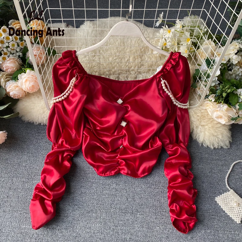 

Woman Shirts Long Puff Sleeve Square Collar Stain Blouses For Office French Style Vintage Solid Elegant Shirts 2020 Spring