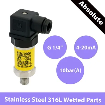 

4 to 20mA pressure sensors, 9 to 30V supply, 12V 24Vdc, 10bar absolute pressure, G1 4, stainless steel 316L wetted parts, IP65