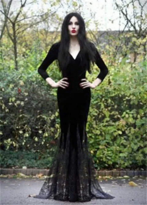 Morticia Addams привидение ведьма костюм ужас черный пол кружева платье халат одежда для женщин Готический Хэллоуин косплей