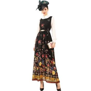 

2020 Spring Chiffon Long Dress Office Lady Fake Two Pieces Printed Patchwork Dress Slim Waist Ankle-Length DZ2394