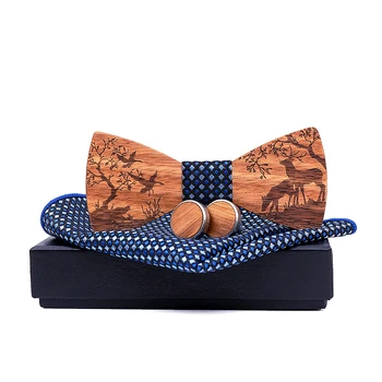 

New arrival Wood Bowtie+Handkerchief+Cufflinks Sets Marriage Groom Wooden Bow Tie Bowknots Wedding Christmas elk Neck Ties