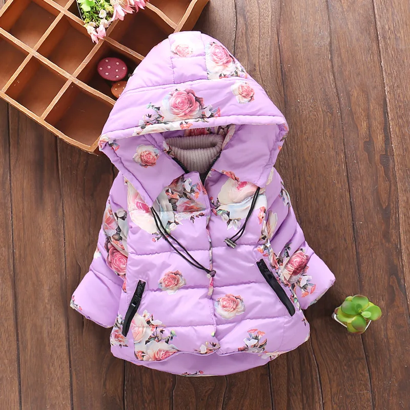 Zhi li xiao/Новая зимняя хлопковая стеганая одежда с капюшоном для девочек хлопковая стеганая куртка с пионами для детей 0-4 лет Детская стеганая куртка с хлопковой подкладкой