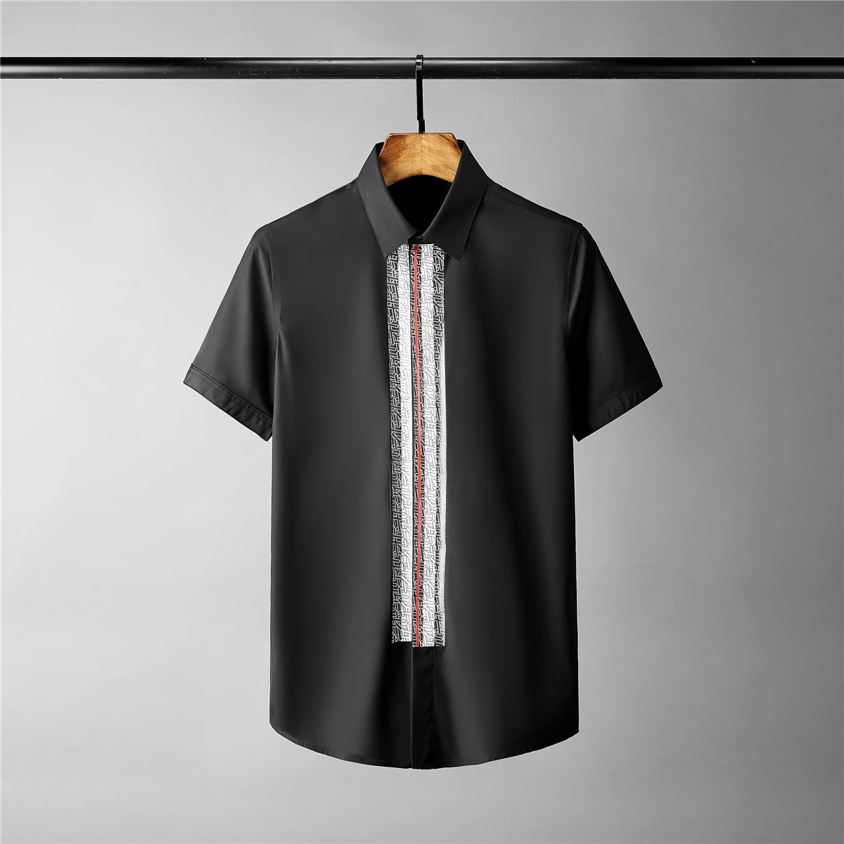 Minglu Short Sleeve Mens Shirts Luxury Greek Key Printed Placket Mens
