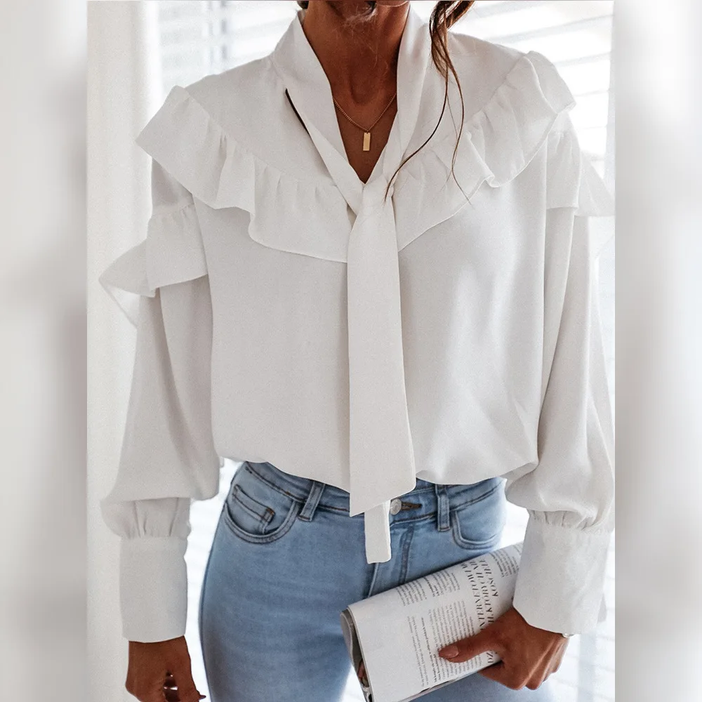 

Spring and Autumn Women's European and American Lace-up Collar Ruffles Long-Sleeved Upper Garment korean fashion clothing