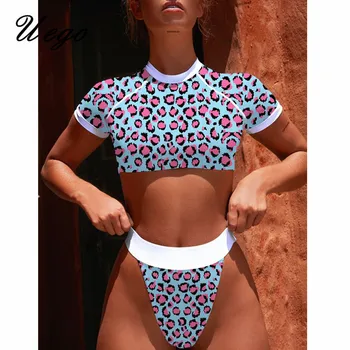 

Uego Leopard Coverup Women Swimwear Sexy Thong Bikini Patchwork High Waist Push Up Beachwear Swimsuit Bathing Suit Mujer Biquini