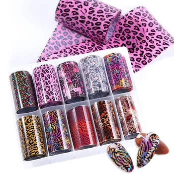 

10 Rolls/Box Pink Leopard Printed Animal Nail Foils Charms Acrylic Designs Nail Art Transfer Foil Wraps Sticker Manicure TRXKB64