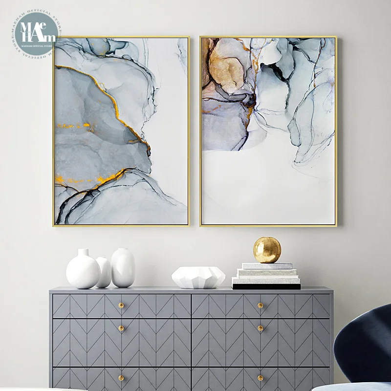 

Nordic Morden Abstract Blue-gray line Wall Art Canvas Painting Golden Blue smoke Art Poster Print Wall Picture for Living Room