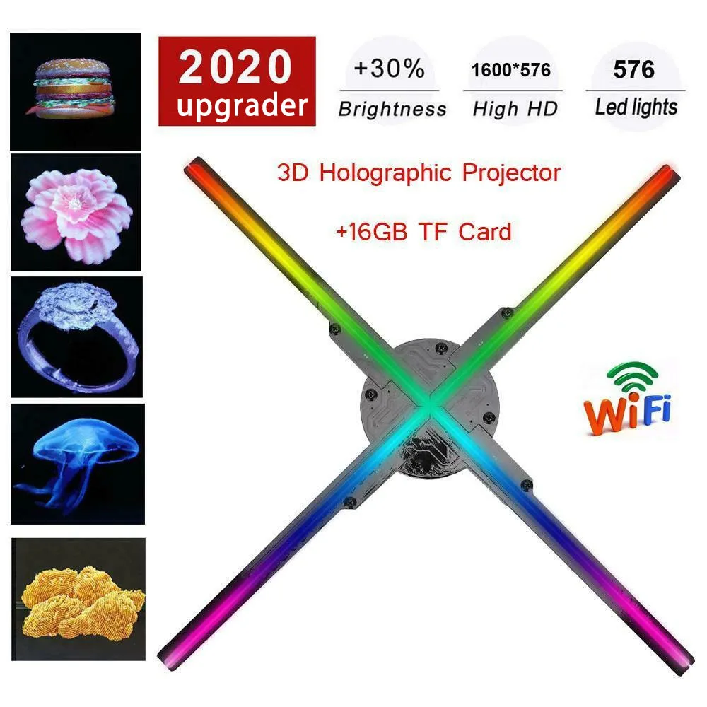 

576LEDs WiFi 3D Holographic Projector Hologram Light Naked Eye LED Imaging Fan Advertising Lights with 16G TF Card APP Control