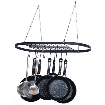 

Pot and Pan Rack for Ceiling with Hooks Decorative Oval Mounted Storage Rack Multi-Purpose Organizer Household (Hanging Black)