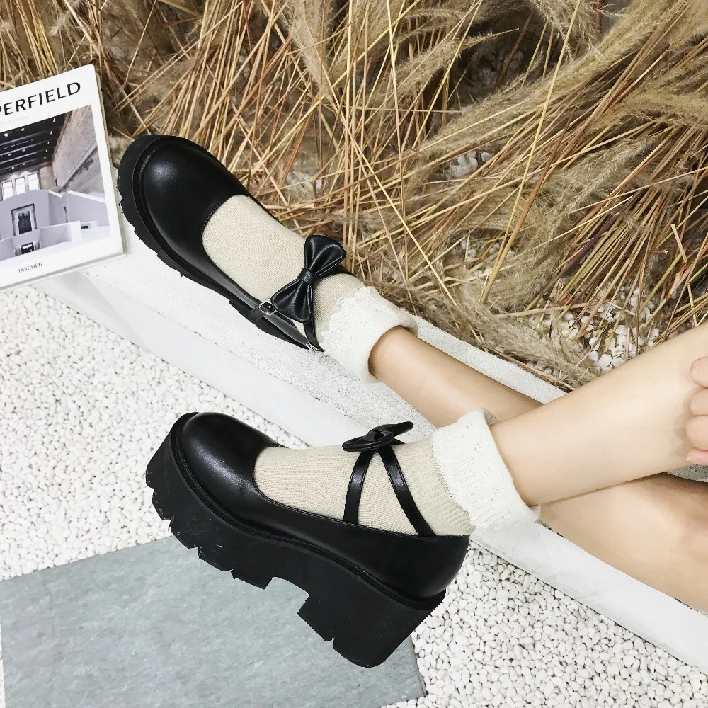 Японская Милая принцесса Лолита обувь с милым бантом, круглым носком, черная Водонепроницаемая платформа, женская обувь для колледжа