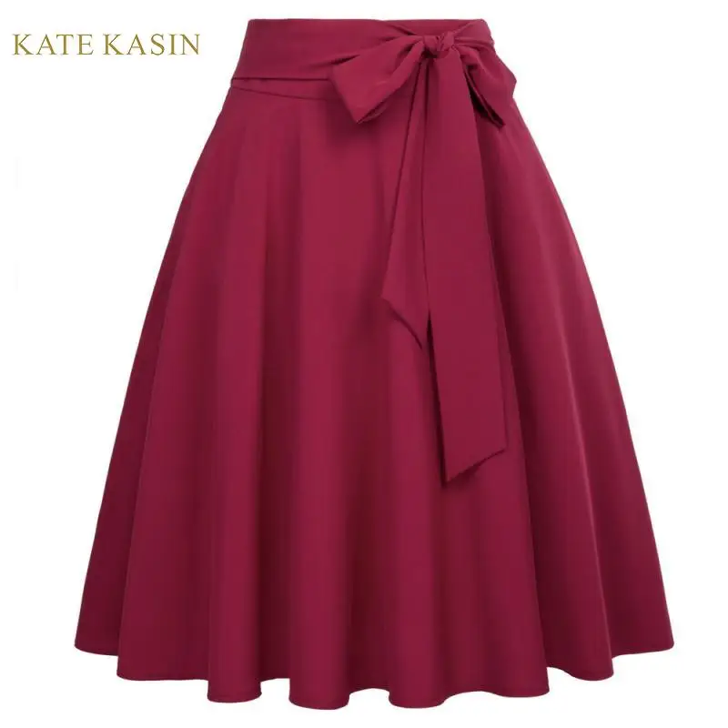 

Kate Kasin Vintage Solid Pleated A-Line Midi Skirt Knee Length Women Casual High Waist Bowknot Ball Gown Swing Skater Skirt