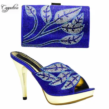 

Wholesale price royal blue thin high heel pump shoes and clutch bag set with stones for lady XY06, heel height 10cm