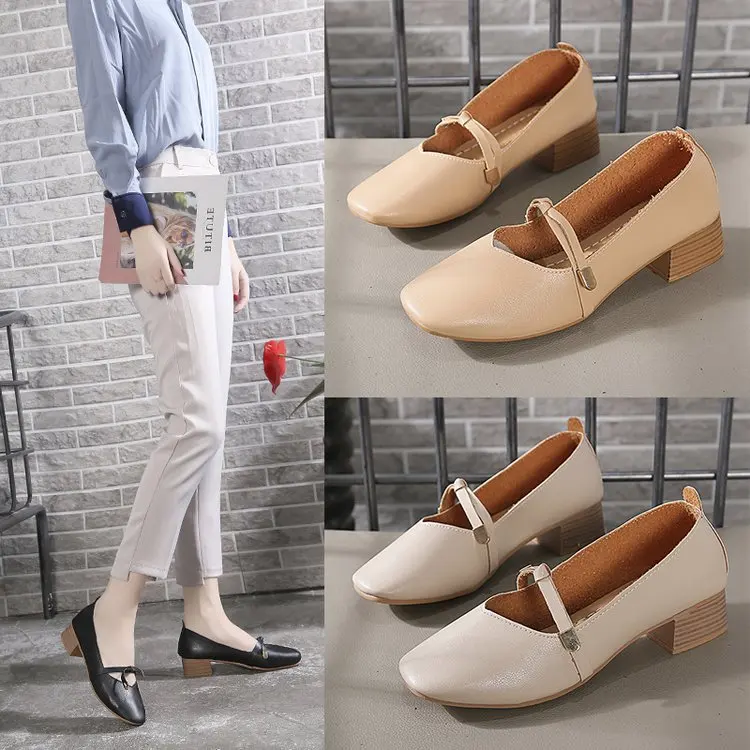 

Shoes Women's 2019 Spring Summer Korean-style Chunky-Heel Moccosins Square Head Versatile Casual Retro 2019 New Style