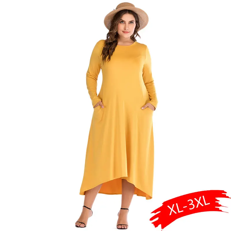 

Women's Plus Size Dress 2019 New Round Neck Autumn Long Sleeve Solid Color Dresses Casual O Neck Yellow Min-calf Dress
