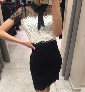 

Brand Fashion Women High-end Luxury Summer Elegant Slim Black White Stitch Lace Short-sleeved Dress