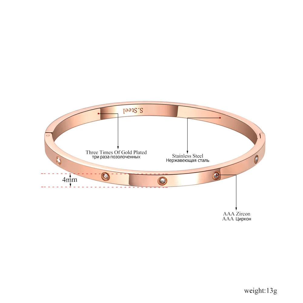 4mm CZ Crystal Cuff Bangle for Women Classic Cubic Zirconia Titanium Stainless Steel Bracelet