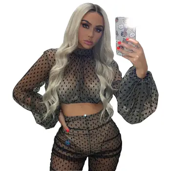 Dot Mesh Women Party Outfits 2021 Newest Sexy See Through Long Sleeves High Neck Cropped Top + Skinny Pants Two Pieces Nightclub 1