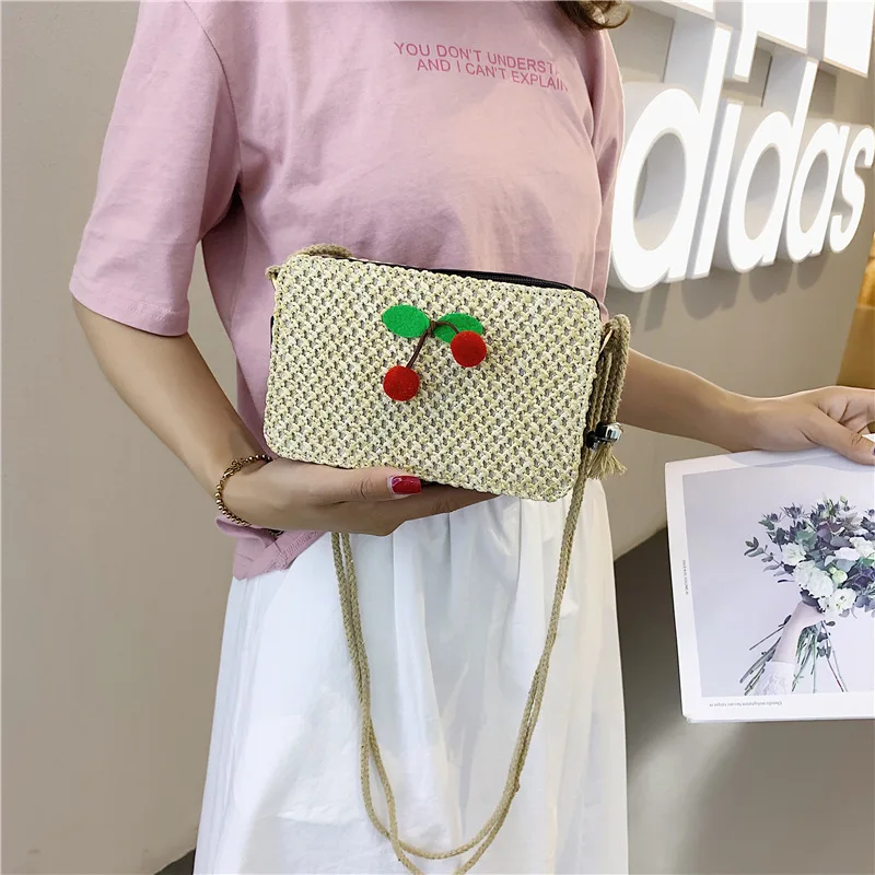 

2019 New Style Fashion Korean-style Summer Hipster Straw Cherry Square Sling Bag Simple Versitile Fashion Crossbody Bag