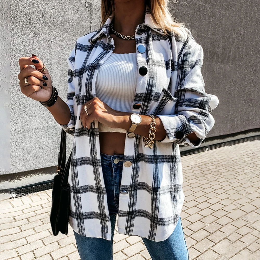 

Women Plaid Blouse Coat Long Sleeve Button Oversized Shirt Turn Down Collar Thick Ladies Vintage Top Female Long Clothing