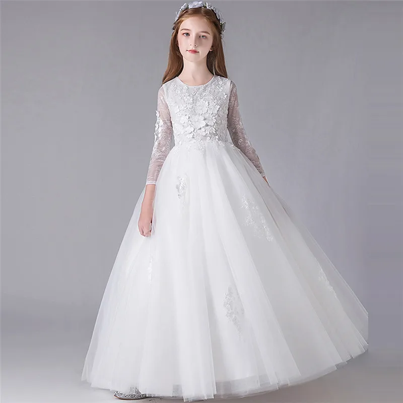 white long dress Новинка года; элегантные аппликации белого цвета для девочек; длинное платье принцессы с цветами и кружевом на день рождения, свадьбу, вечеринку; пианино - Цвет: white long dress