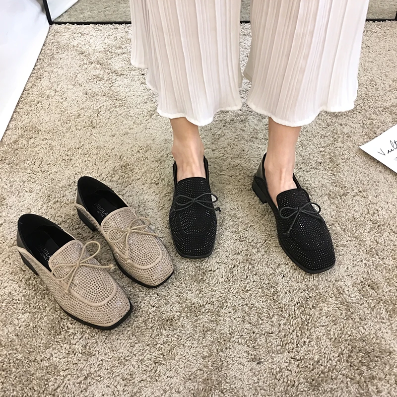 

Women's shoes thick heel single shoes 2020 spring new square head flash diamond beanie bow casual shoes
