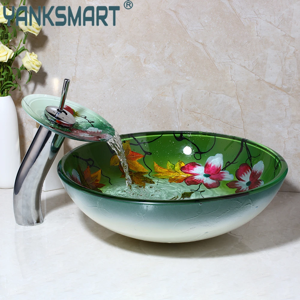 Ouboni Cicek Boyama Lavabo Tezgah Lavabo Lavabo Luks Stil Temperli Cam Lavabo Kase Basin Bowl Washbasin Sinkcountertop Washbasin Aliexpress