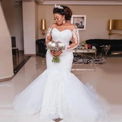 African Luxury Beading Mermaid Wedding Dress Long Sleeve Appliques Pearls Wedding Gowns Plus Size Black Bride Vestido De Noiva