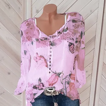 

Women Casual Floral Printed Button Chiffon Irregular Hem Aesthetic Top womens tops and camisetas mujer #YL5