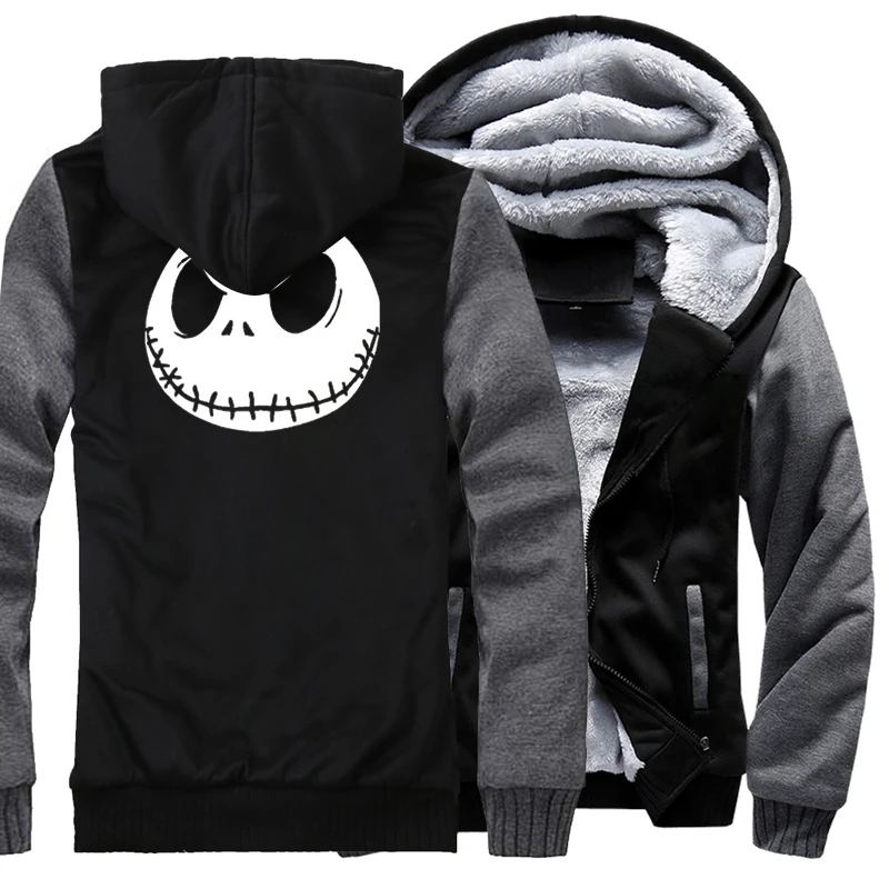 Jack Skellington/уличная Толстовка в стиле хип-хоп с принтом со злом лица, зимние плотные толстовки для мужчин Harajuku, куртка на молнии, толстовка