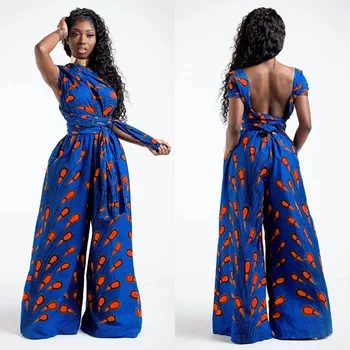 

Multy-way African Woman Trousers Loose Style Wide Leg Pants Boho Sexy Jumpsuit Dashiki Ankara Print V-neck Long Pants Bodysuit