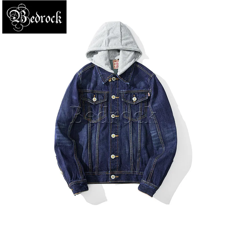 MBBCAR original design Hooded denim jacket hole on the back printed washed blue selvedge denim  jacket 371