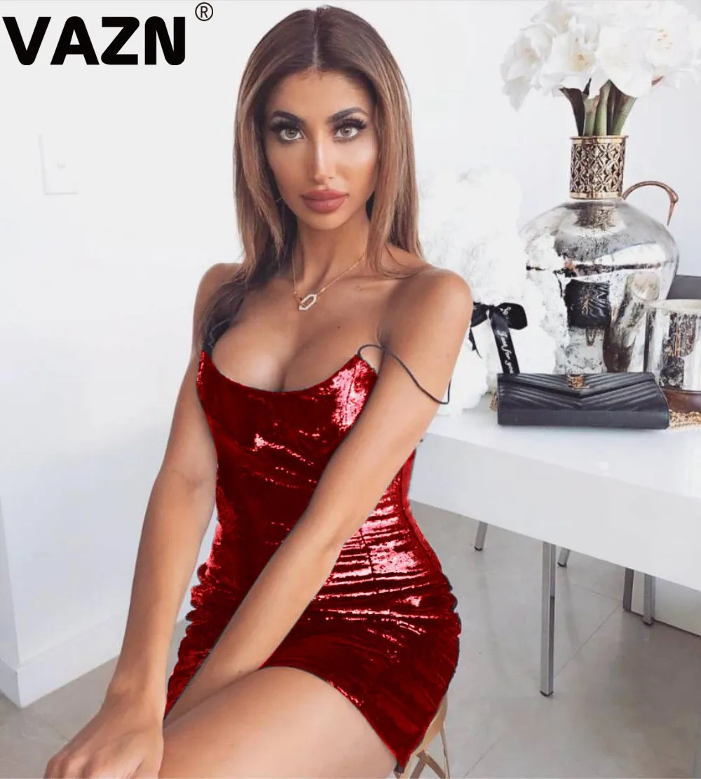 Красный VAZN, новинка, неопрятное, расшитое блестками, сексуальное, Клубное, модное, однотонное, на тонких бретельках, без рукавов, открытое, женское, тонкое, с высокой талией, мини-платье - Цвет: Красный